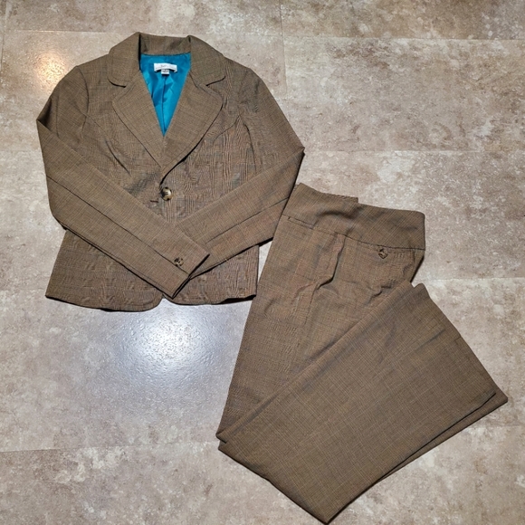 Y2K EUC plaid tan/turquoise full suit, fitted jacket (S) and wide leg pant (5) - Picture 1 of 8